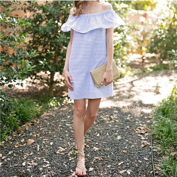 NWT Line + Dot Lea Ruffle Mini Dress in French Blue Cotton Off Shoulder Sz L - Picture 1 of 11